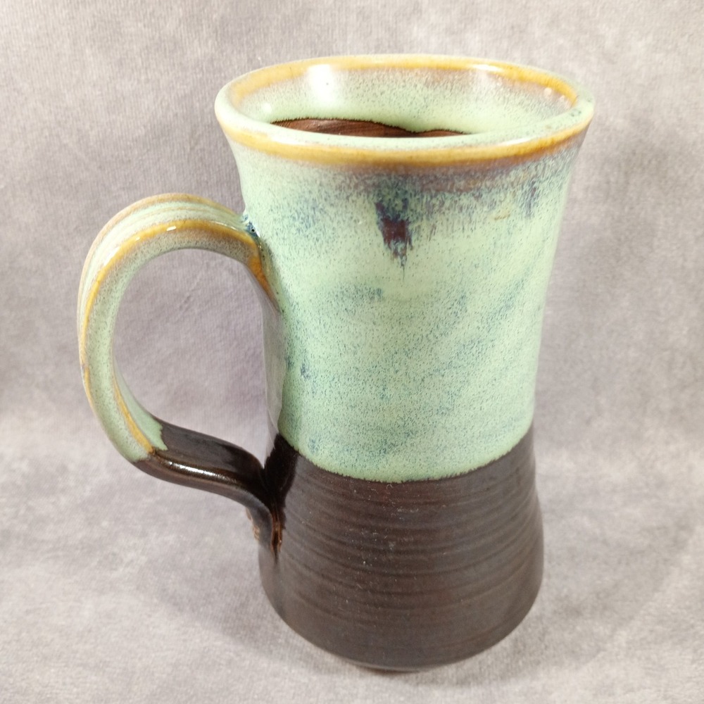 Hand Thrown Studio Art Pottery Mug Celedon & Brown Glazed 16oz Signed 6" Tall - Picture 2 of 9